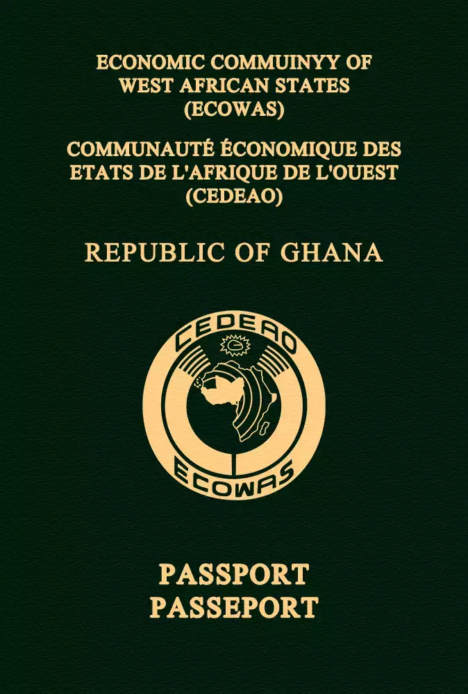 A Ghanaian biometric passport opened to the bio page