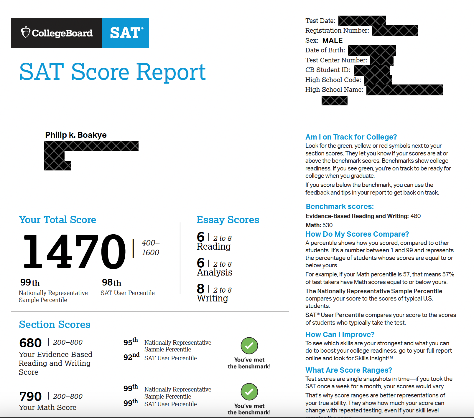 A College Board SAT score report