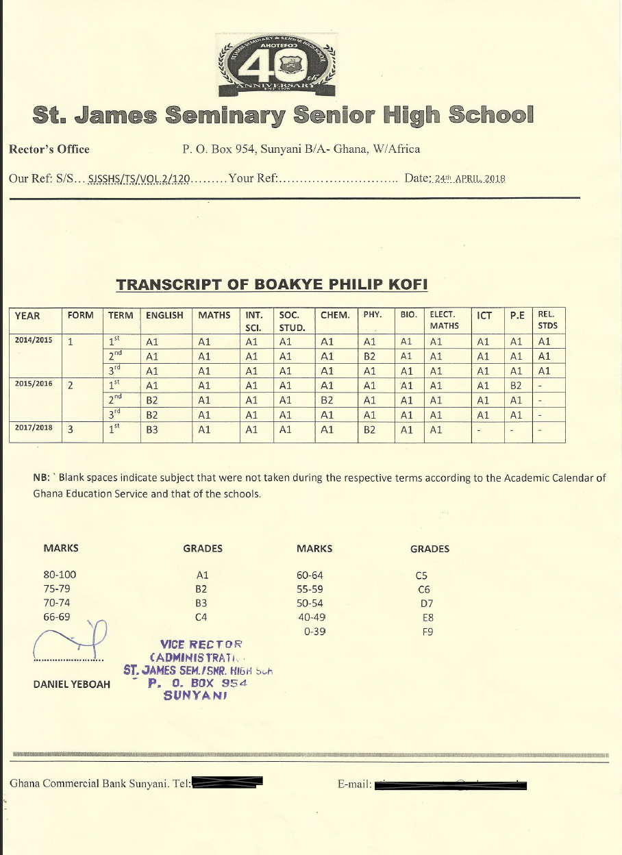 A high school transcript on official school letterhead