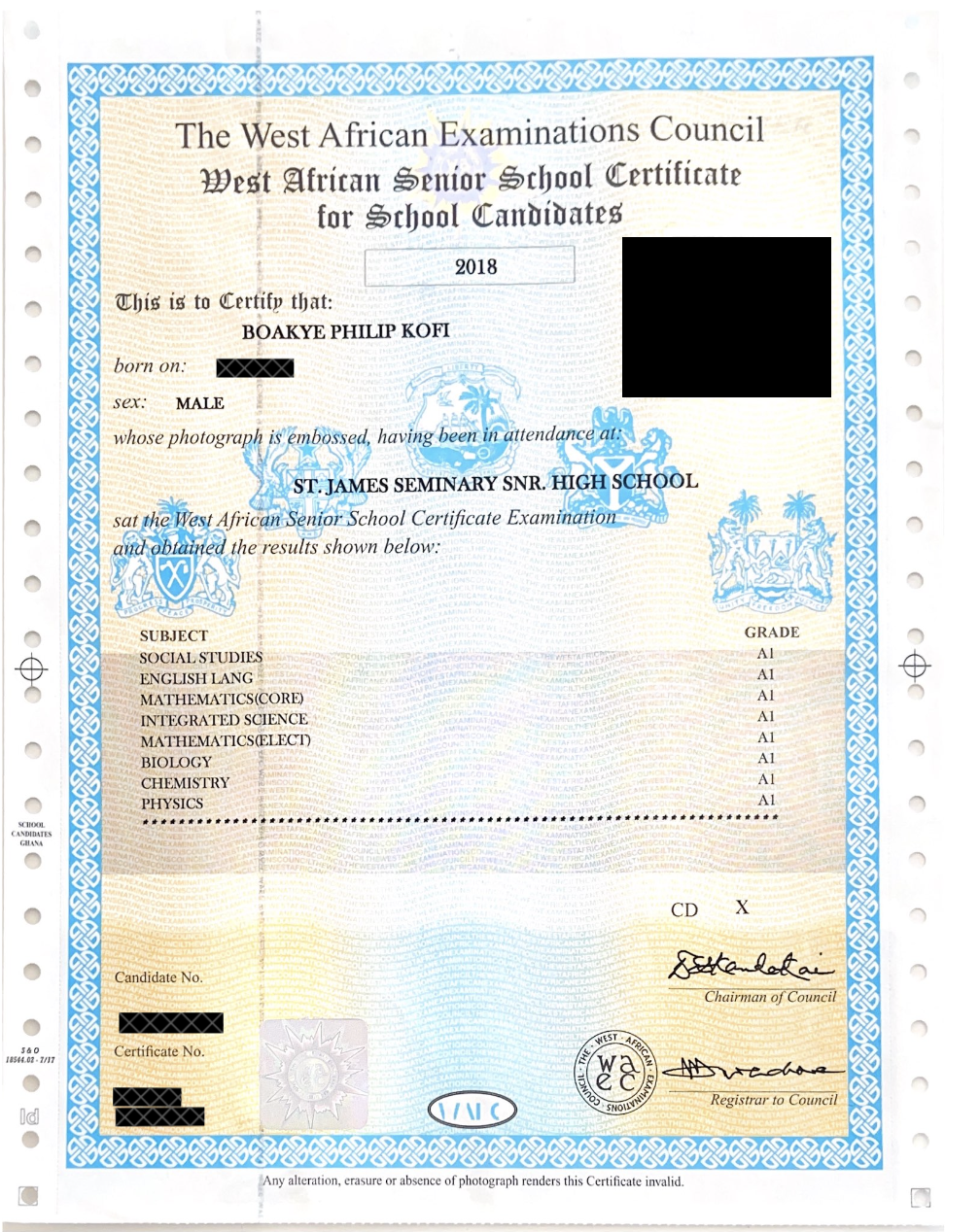 A scanned WASSCE certificate from a Ghanaian student